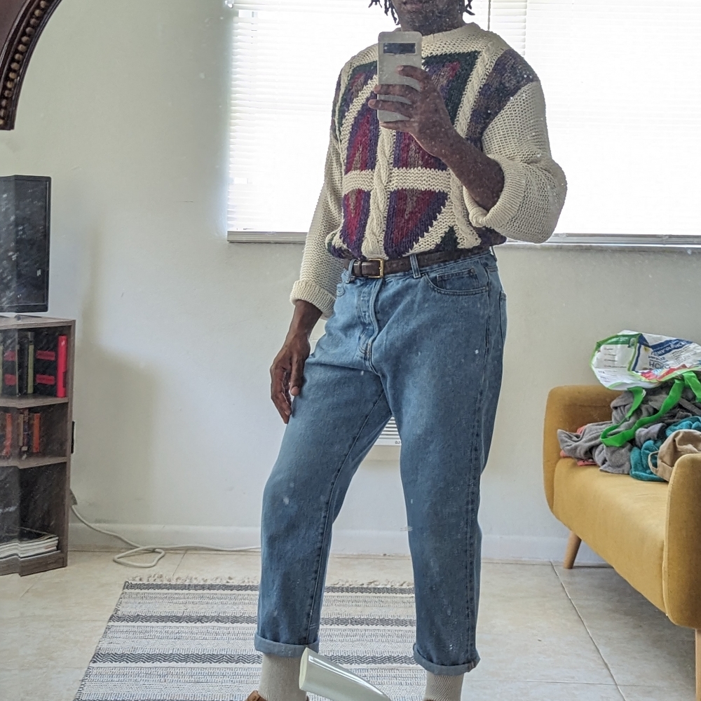 VINTAGE Jason Maxwell Hand Knitt Sweater L 90s - Purple/Green/Red/Tan